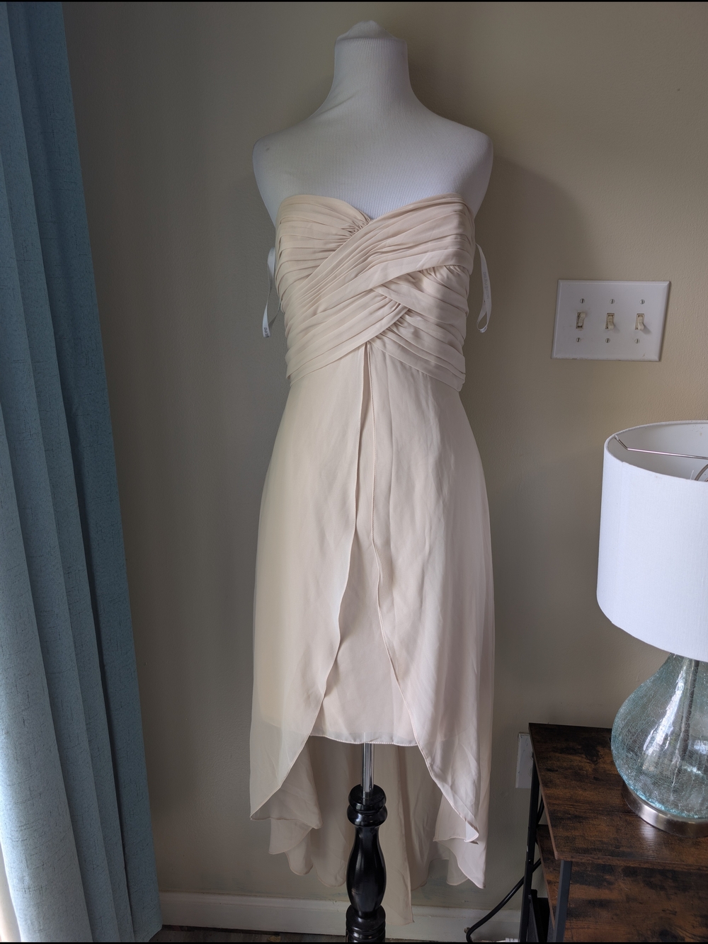 David's Bridal Strapless Beige High-Low Chiffon Dress